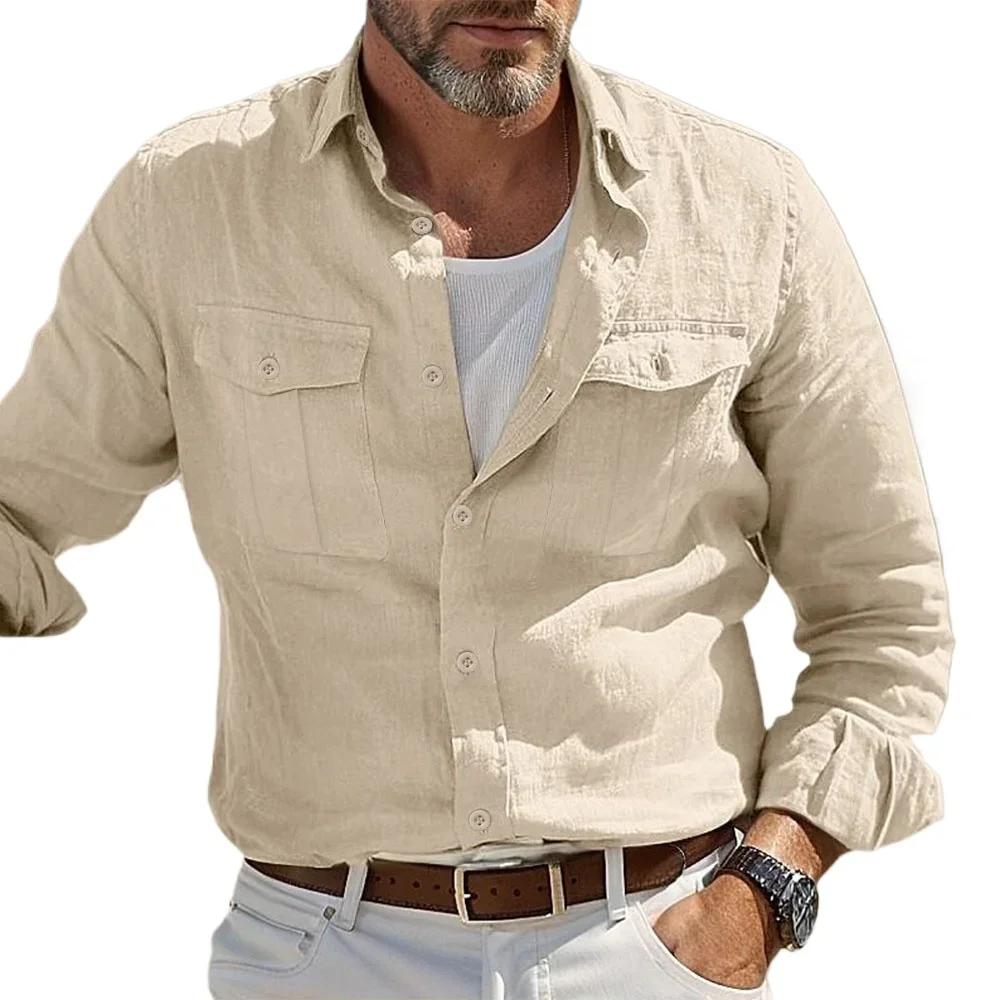 Chemises décontractées en coton et lin pour hommes, chemises hawaïennes respirantes, couleur unie, S