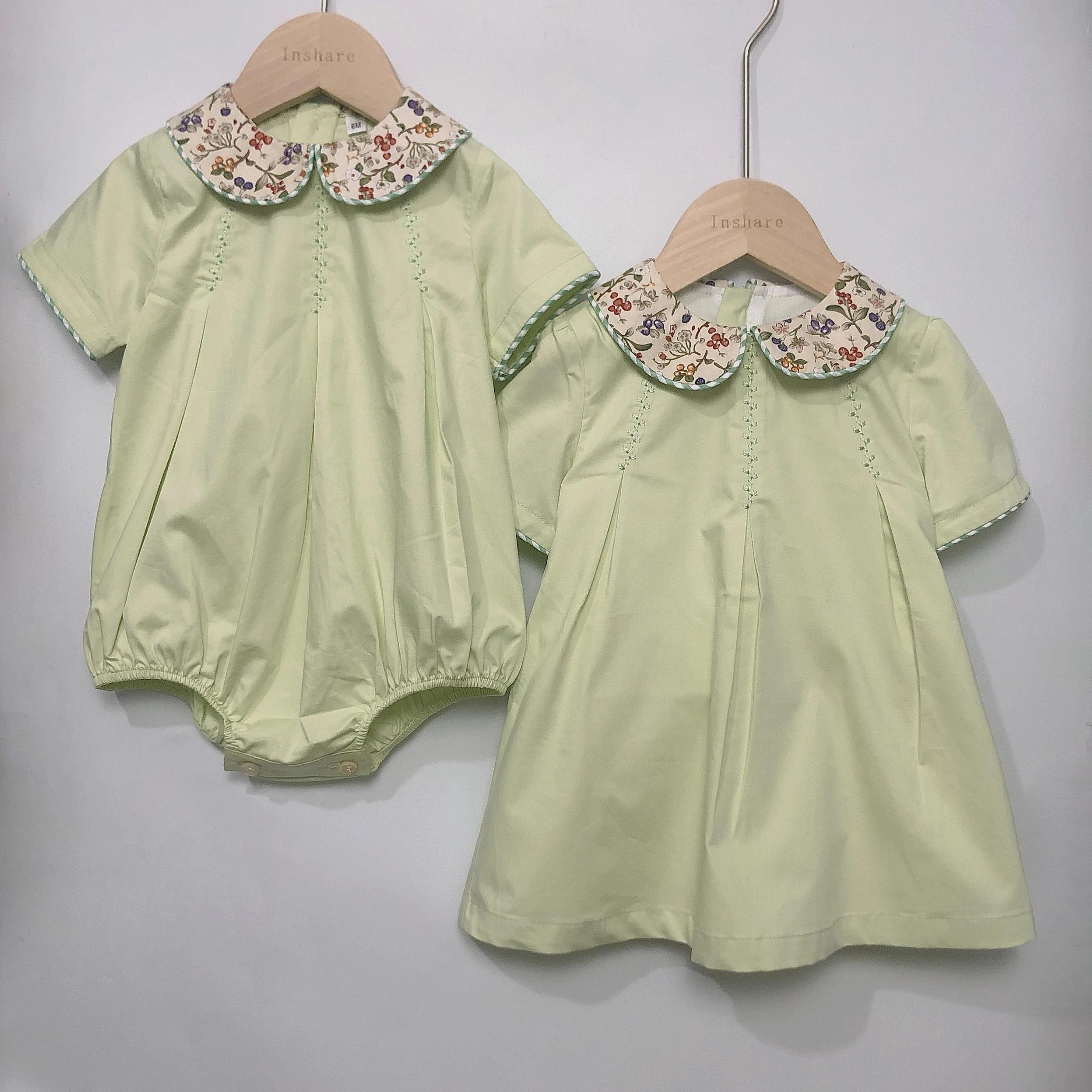 Vêtements de Boutique pour Enfant, Barboteuse à Manches Courtes en Coton Vert, Imprimé Floral, Col à