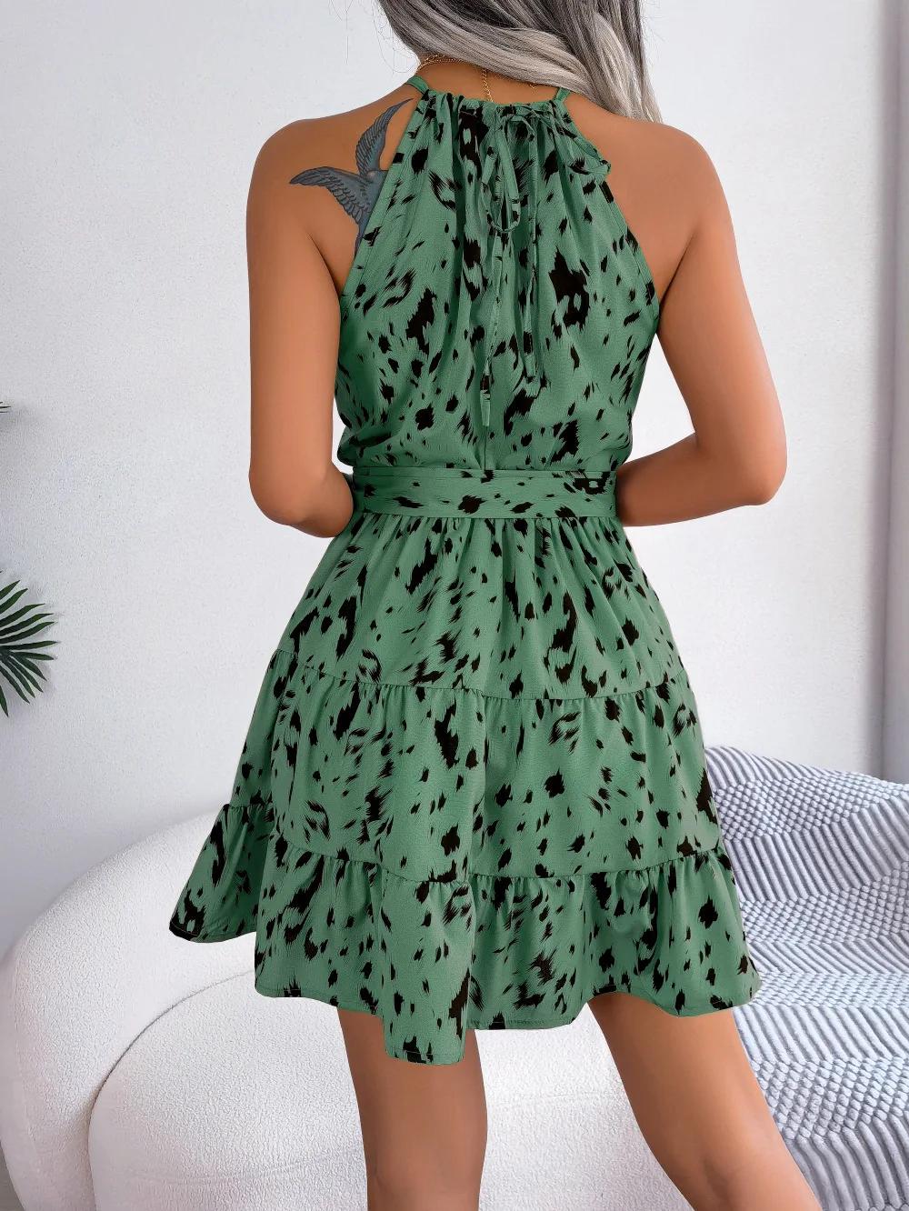 Mini robe à volants imprimé léopard pour femme, col licou sexy, mode printemps et été