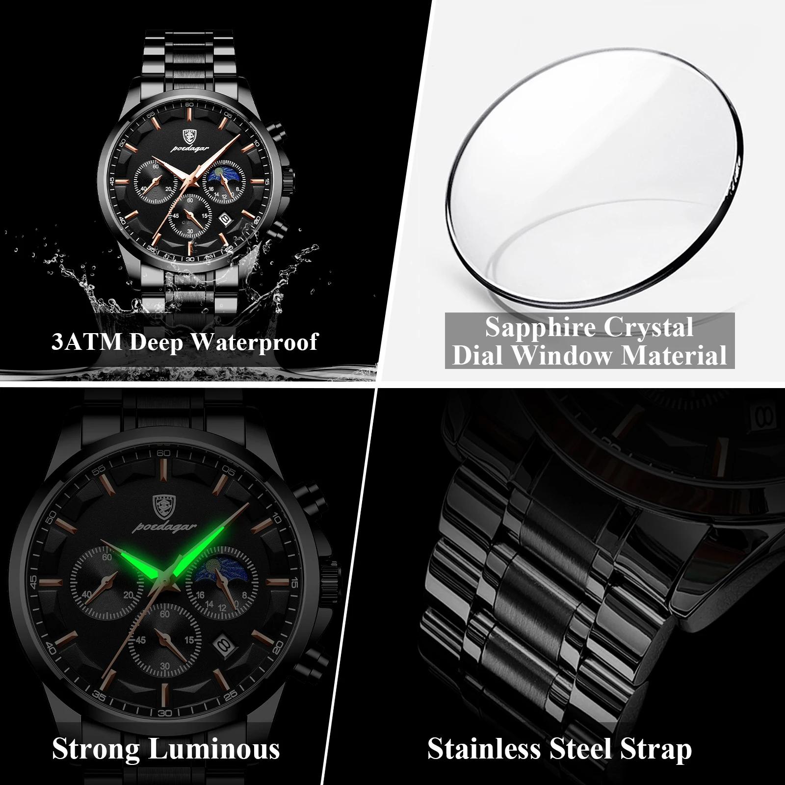 POEDAGAR Top mode hommes montres étanche lumineux en acier inoxydable hommes montre-bracelet chronog