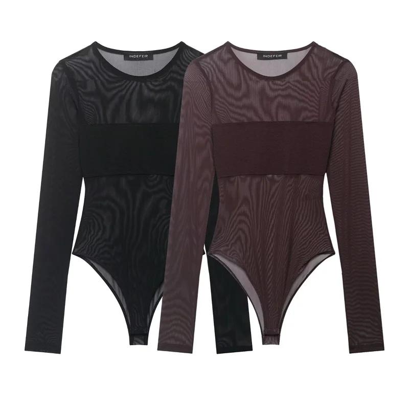 Bodysuits Femme 2026 Nouvelle Collection Printemps-Été à Manches Longues avec Panneaux en Maille Tra