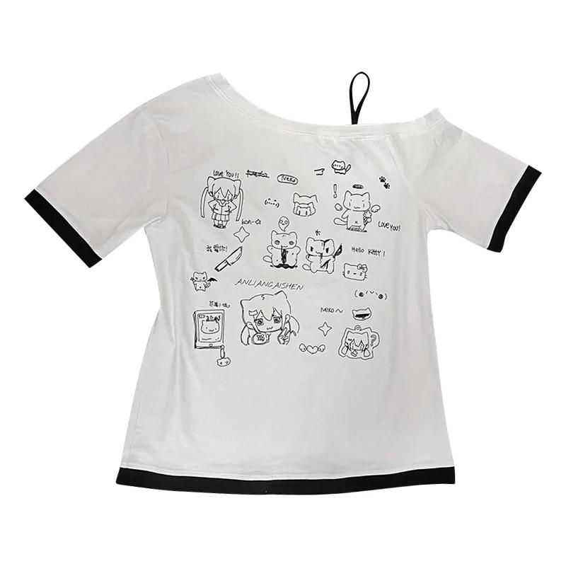 Japonais Y2k sous-culture mignon T-shirt épaules dénudées blanc à manches courtes été T-shirt femme 