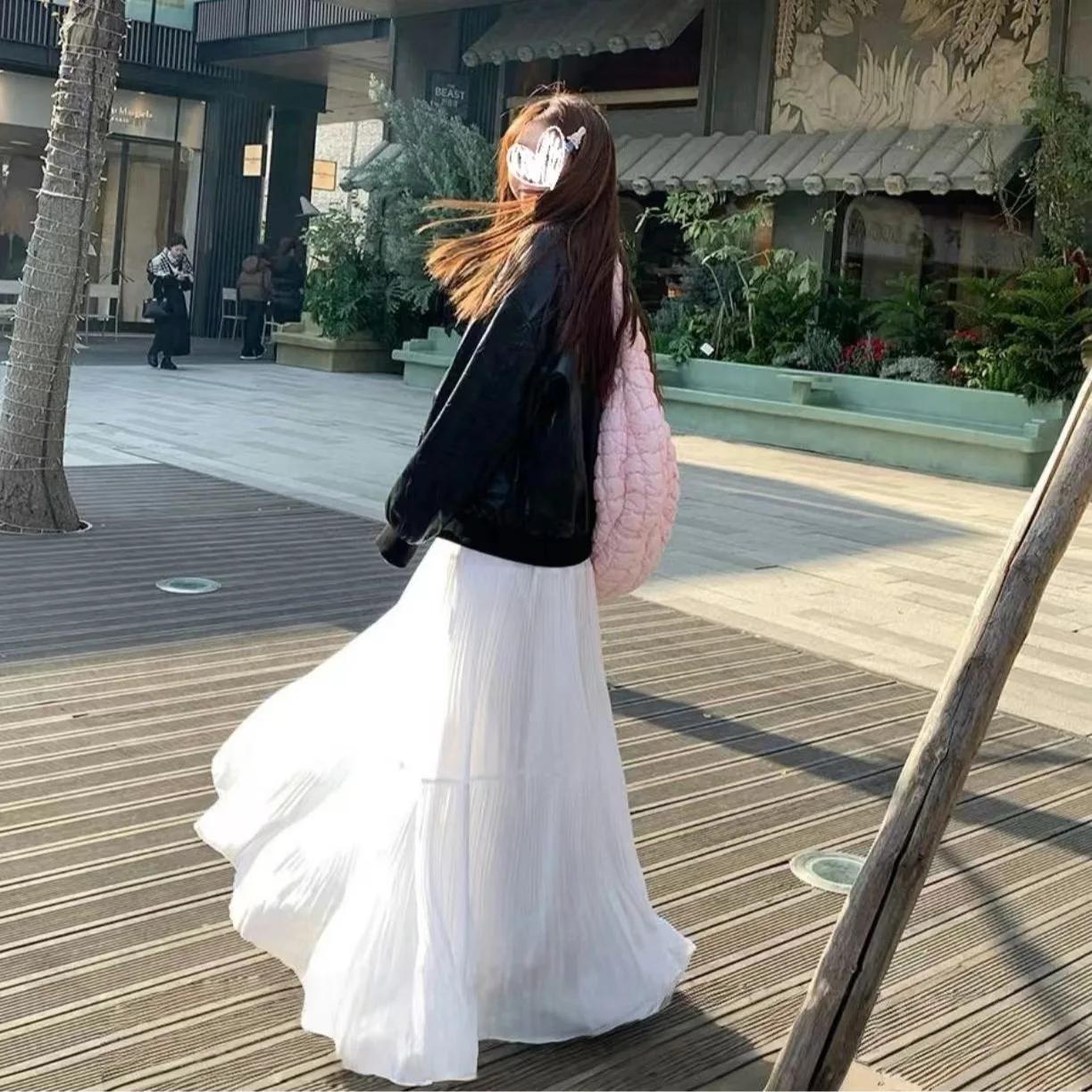 Femmes printemps et été tendance taille haute plissée jupe longue décontracté élégant solide a-ligne