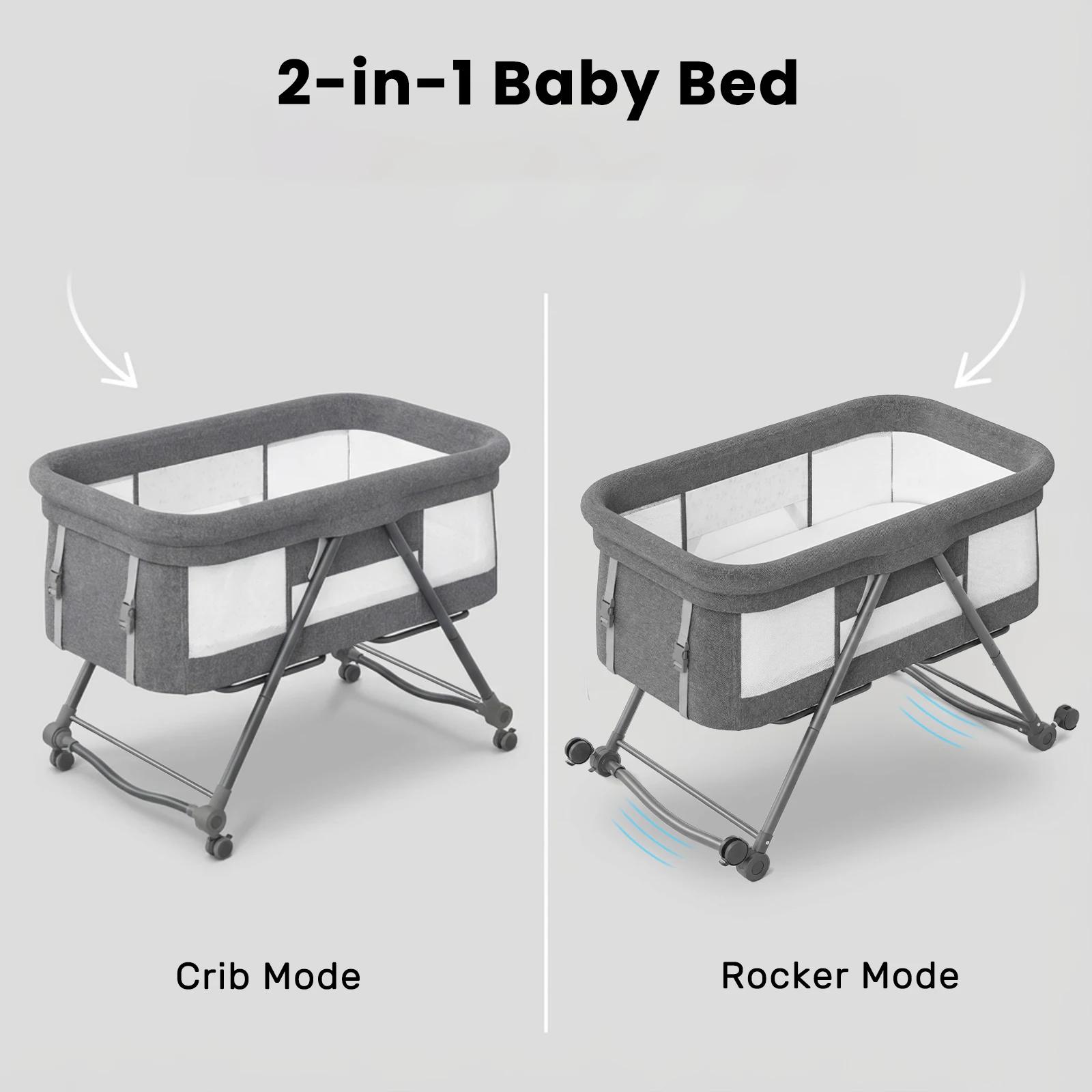 Lit de voyage convertible 4-en-1 pour bébé – Berceau à bascule avec roues silencieuses, design pliab