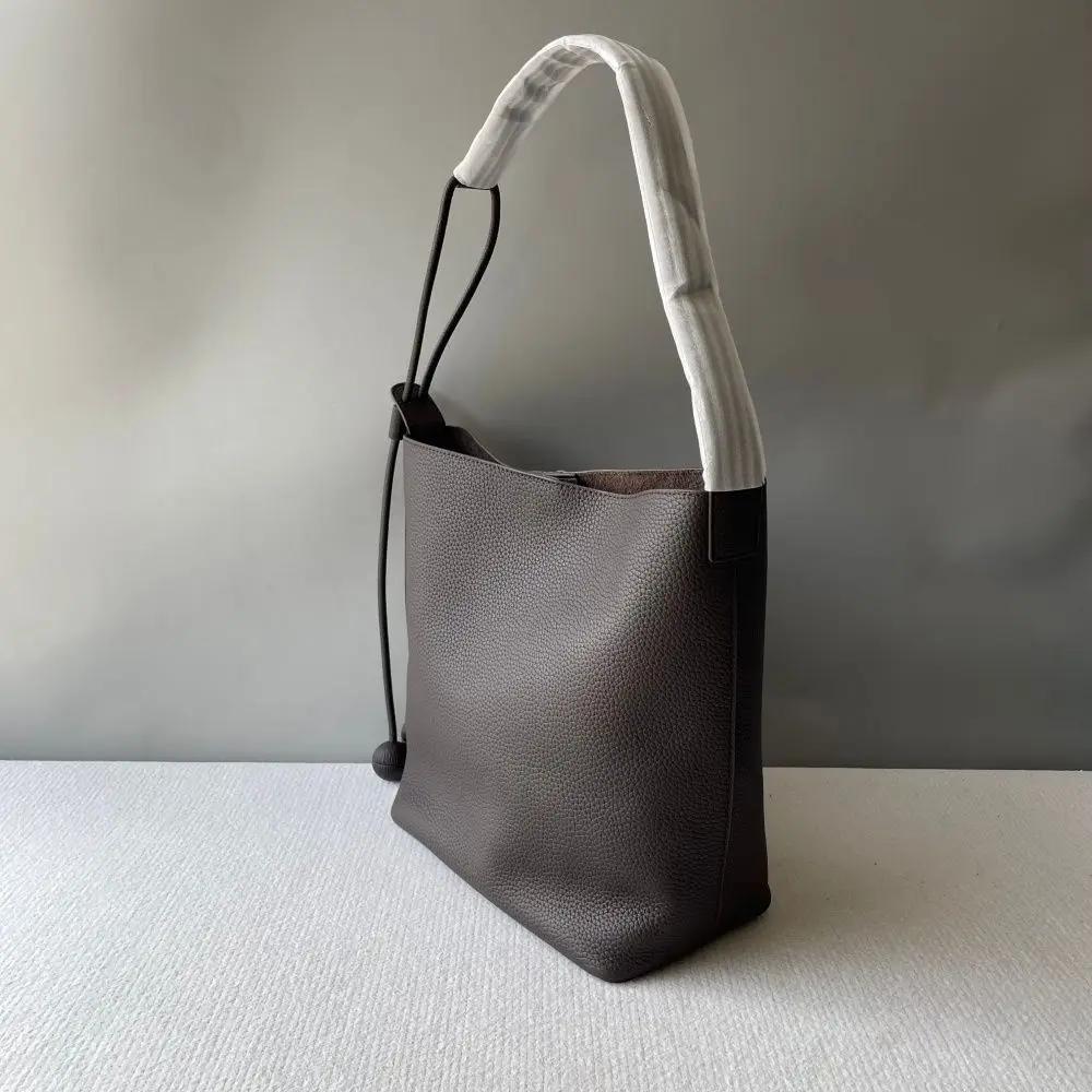 Sac seau en cuir de vachette première couche, style décontracté haut de gamme, sac à main en cuir vé