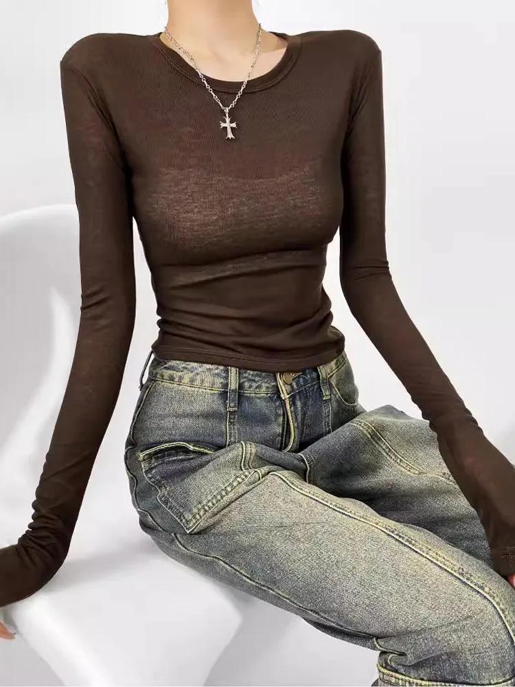 2025 début d'automne fille épicée col rond élastique coupe ajustée mince à manches longues t-shirt f