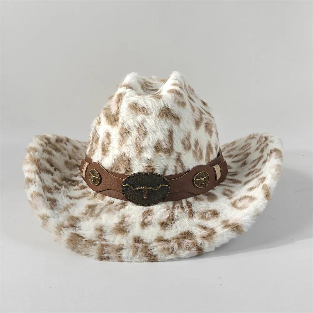 Chapeau de cowboy en fourrure de lapin imprimé léopard 7,5 cm Fedora de cowboy occidental pour homme