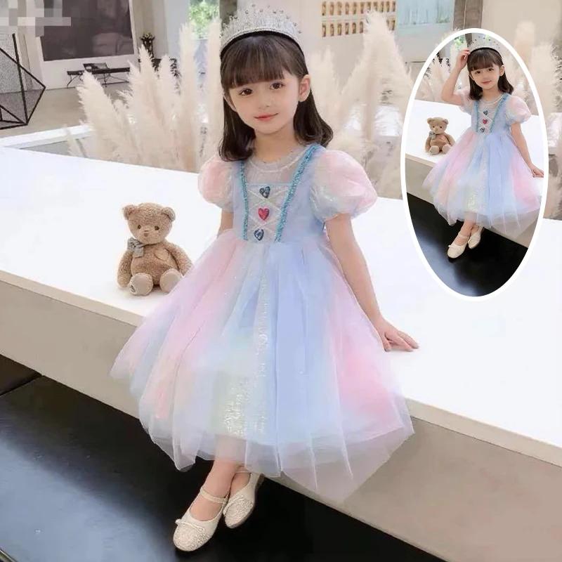 Robe en tulle dégradé arc-en-ciel inspirée d'Elsa pour filles, costume de princesse pour enfants, ét
