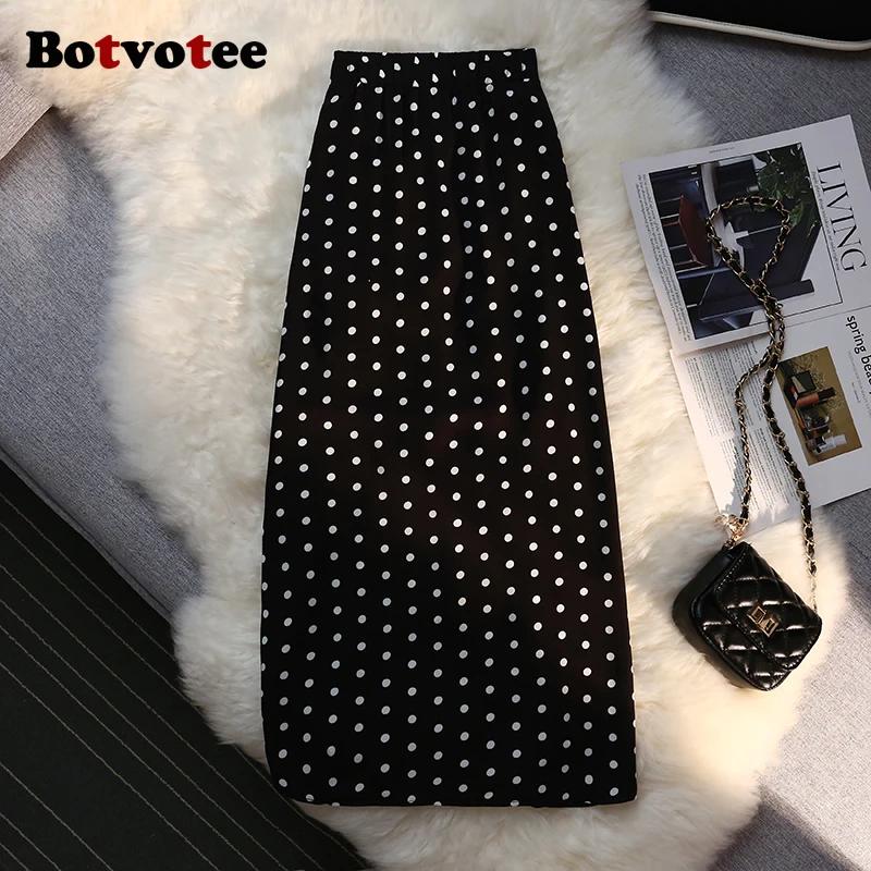 Botvotee Sexy Vintage Pokal Dot imprimé trompette jupe Midi pour les femmes dos élastique côté fendu