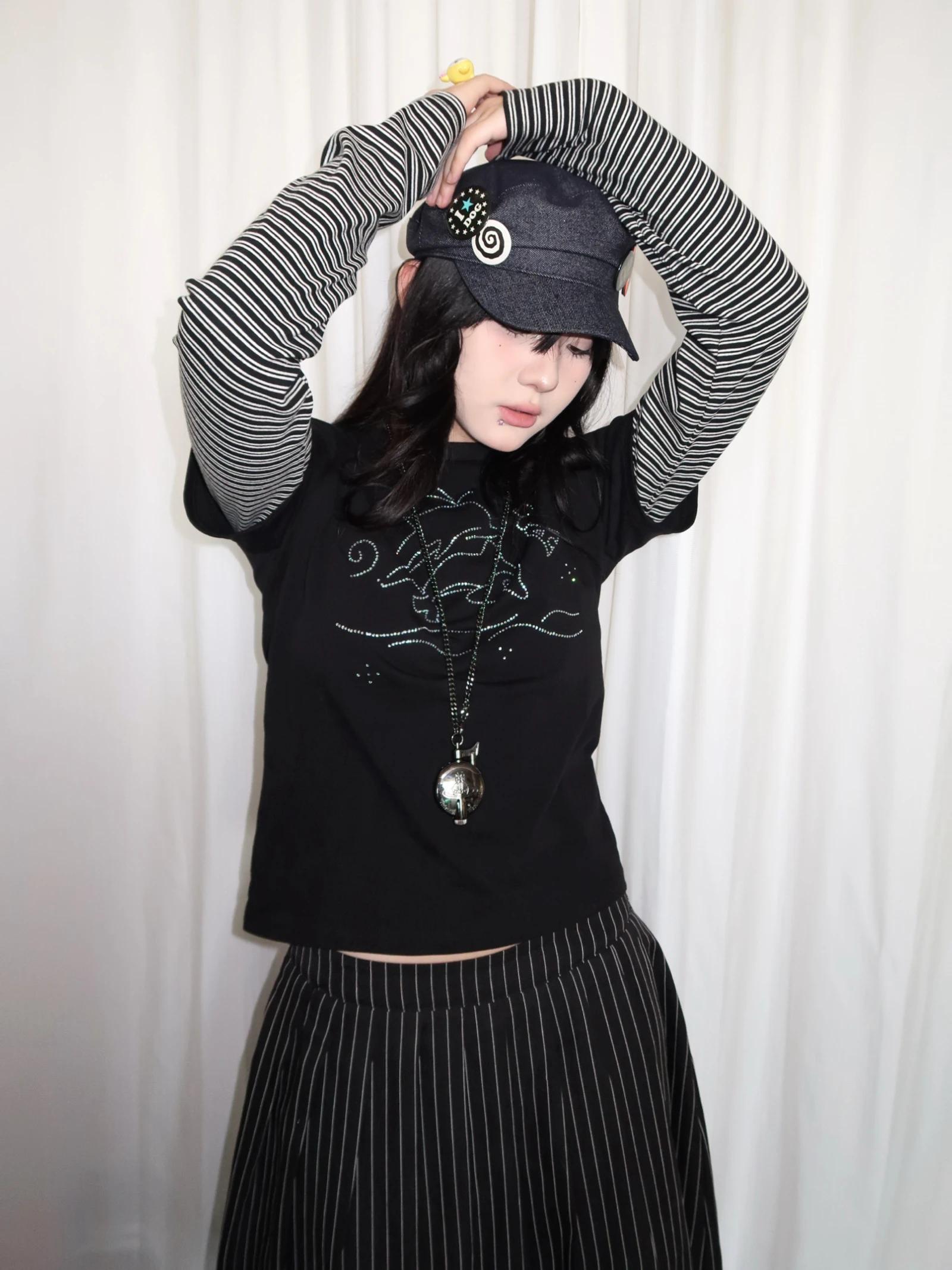 Tonngirl Y2k T-shirt Vintage femmes à manches longues Patchwork japonais années 2000 Grunge hauts St