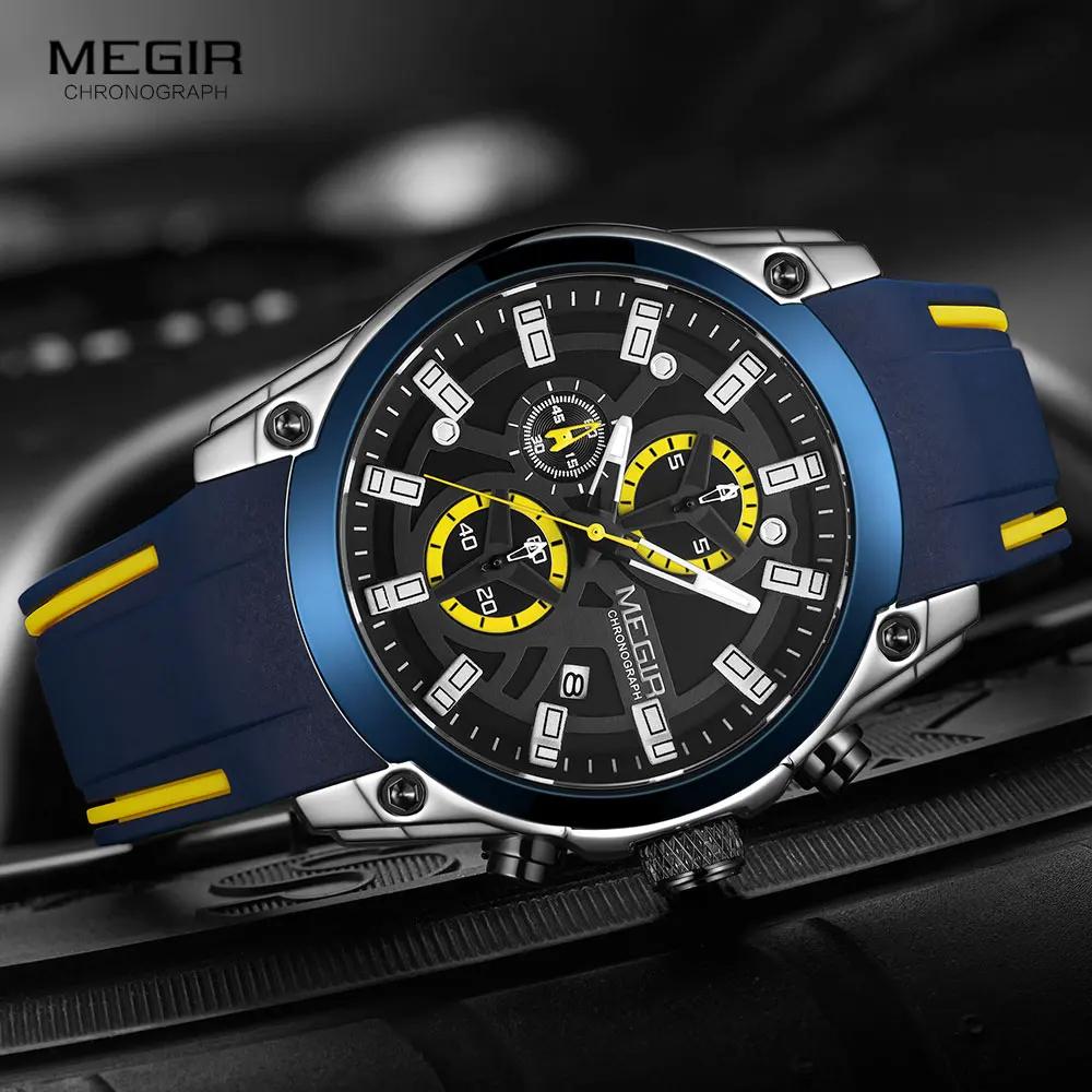 MEGIR hommes montres de Sport militaire hommes étanche mode bleu bracelet en Silicone montre-bracele