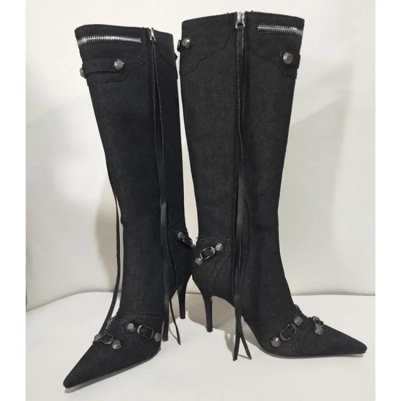 Nouvelles Bottes Hautes à Talon Fin et Rivets, Modèle 2026, pour Femmes, Pointues, Tailles 34-43, Bo