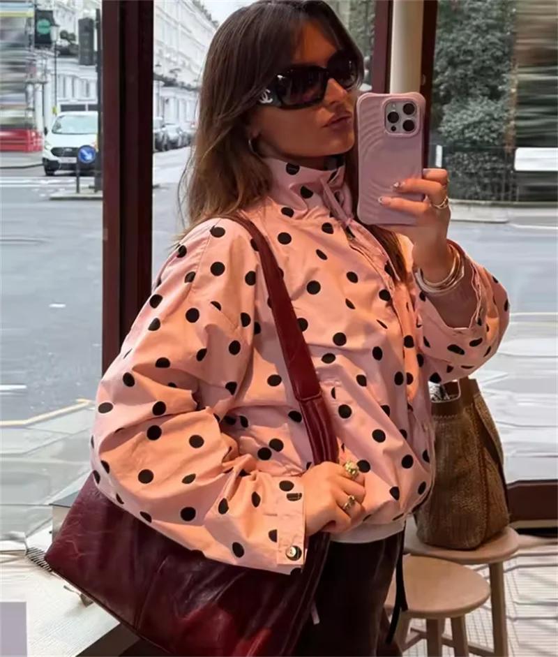 Manteau pour femme Printemps 2026 Nouveau style Rose à pois Manches longues Détail noué Simple bouto