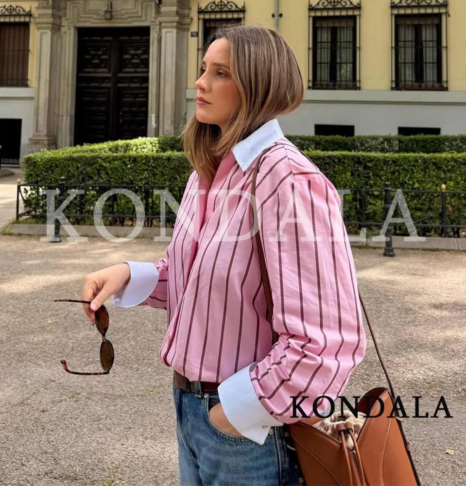 Chemises décontractées à rayures roses KONDALA pour femmes, chemises tendance à boutons et revers po