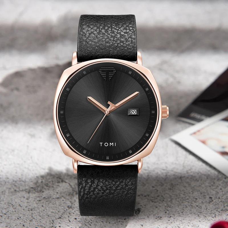 TOMI montre pour hommes minimaliste mode montre de sport calendrier cuir montre à quartz décontracté