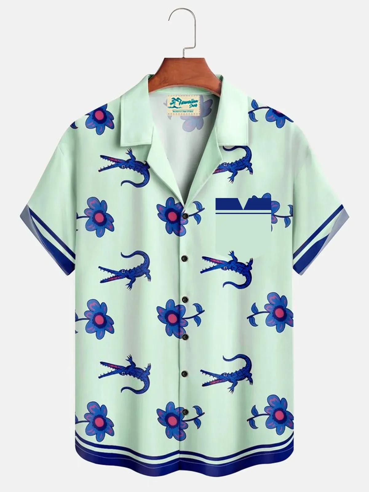 Chemise Crocodile florale pour hommes, chemise hawaïenne d'été à manches courtes, chemise à revers, 