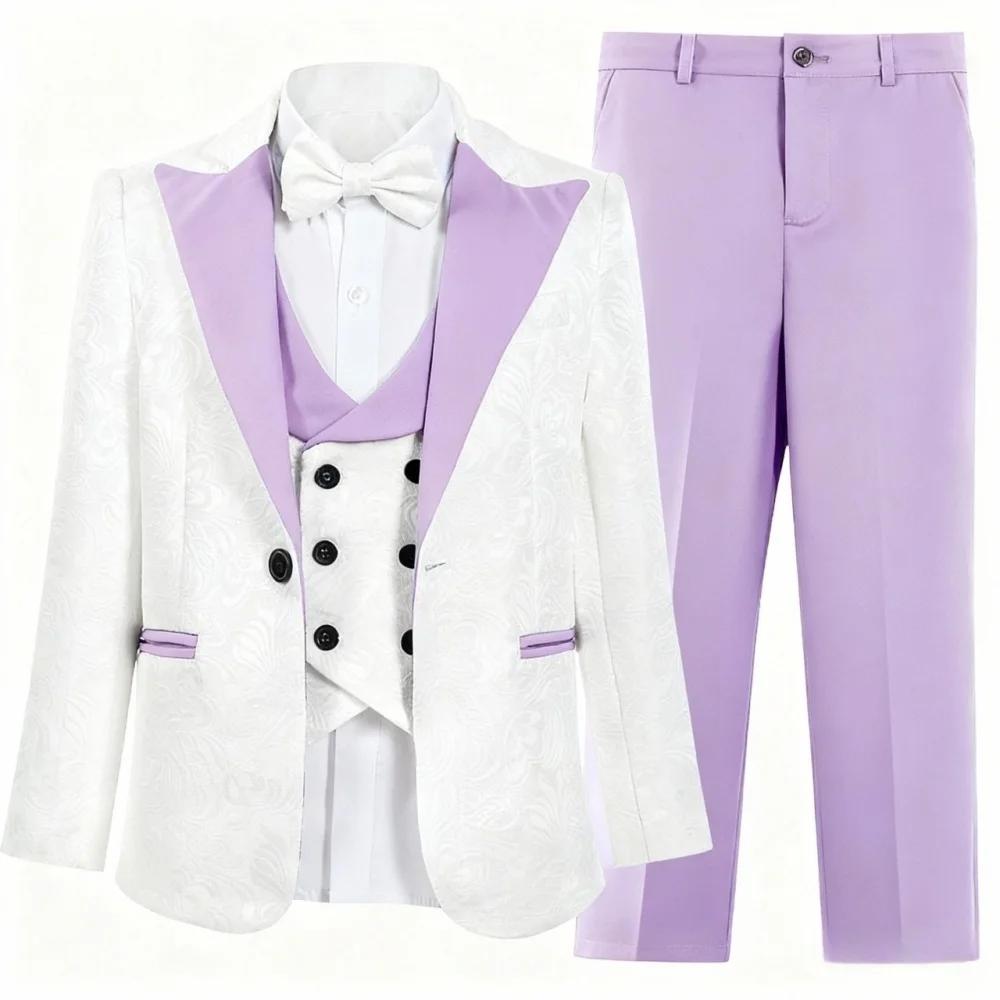 Vente chaude de luxe lilas blanc Jacquard garçons costume ensemble 4 pièces 3-14 ans coupe ajustée v