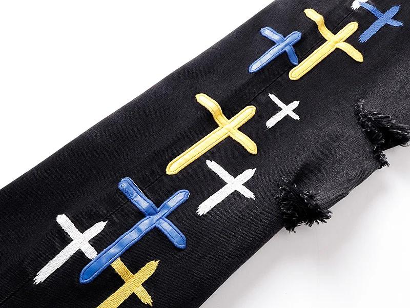 2025 nouveau trou de rayure détruit hommes haute rue coupe ajustée maigre noir clair broderie Denim 