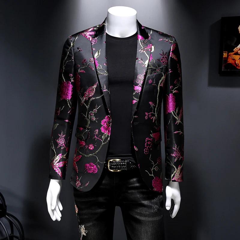 Veste Vintage Luxueuse à Imprimé Floral pour Homme, Tenue de Soirée, Club, Banquet de Mariage, Chant