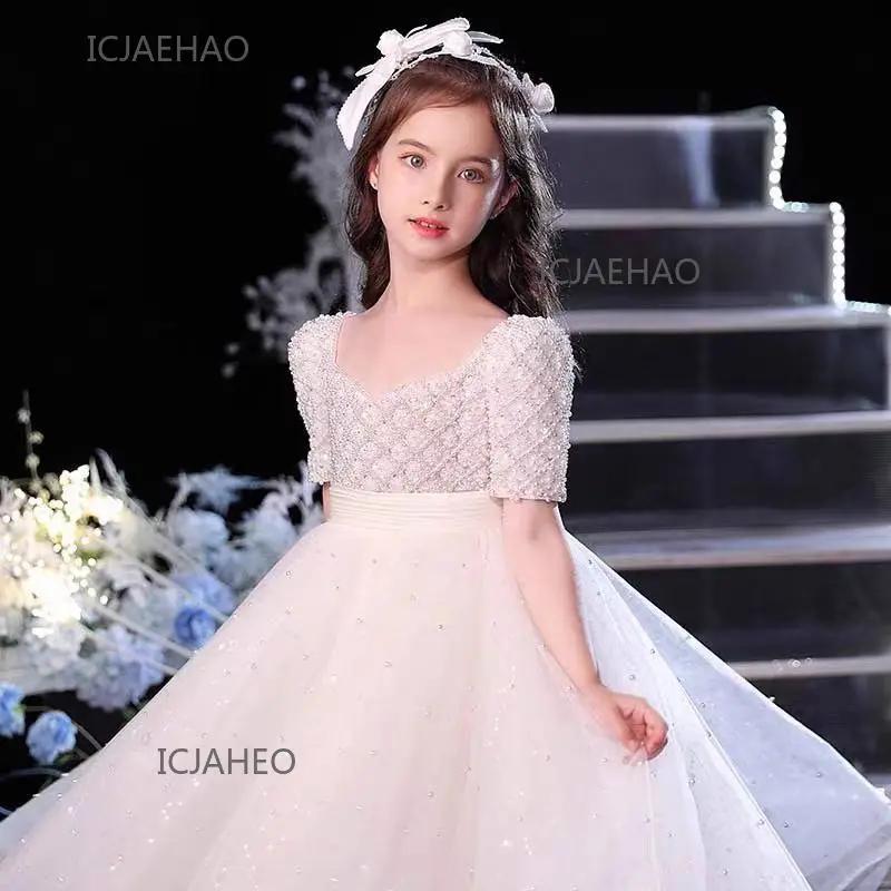 Robe de Soirée Florale et Perles pour Enfants 2026 – Tenue de Princesse pour Anniversaire, Demoisell