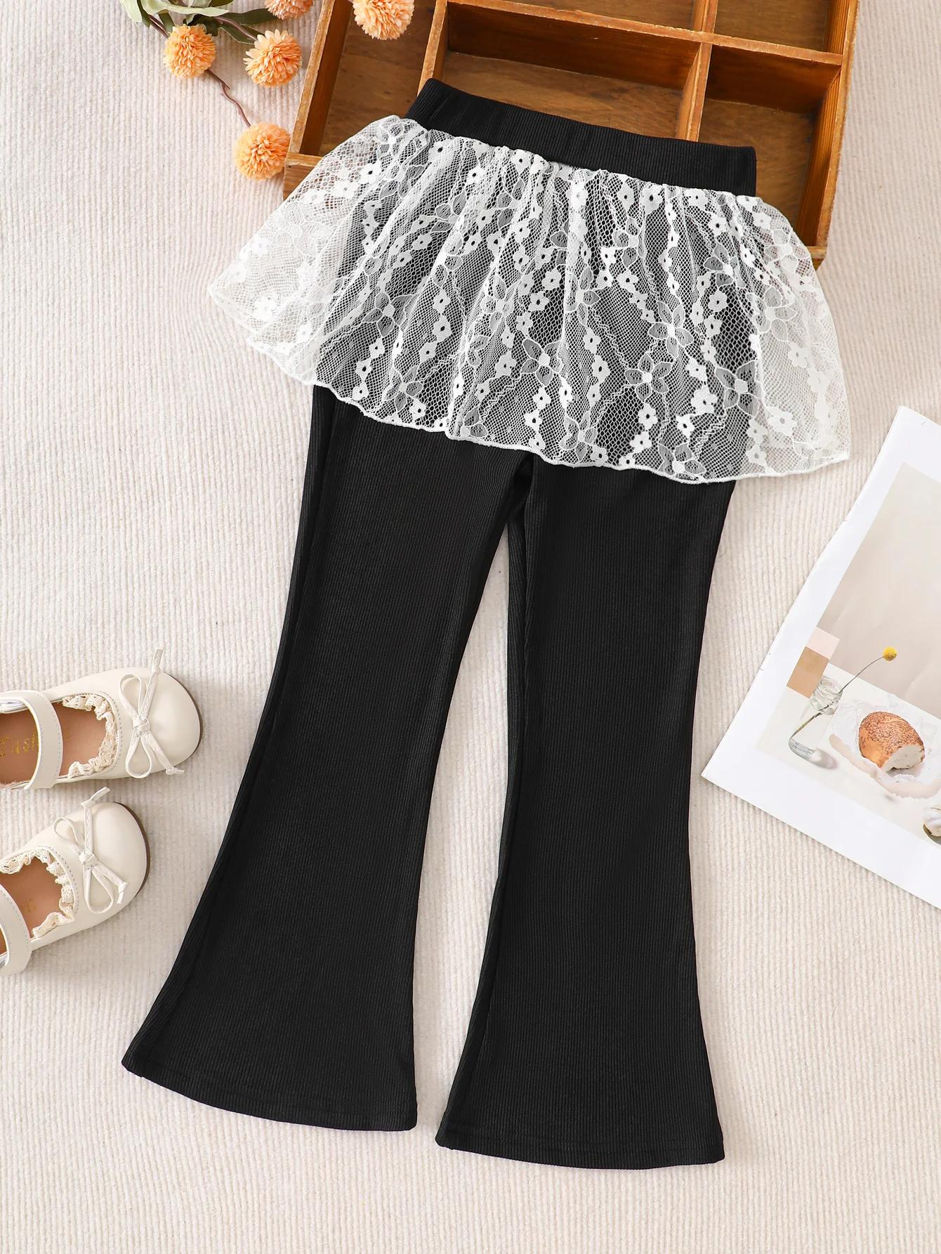 Pantalon évasé pour filles avec dentelle, 3-10 ans, en tissu côtelé confortable, printemps-automne, 