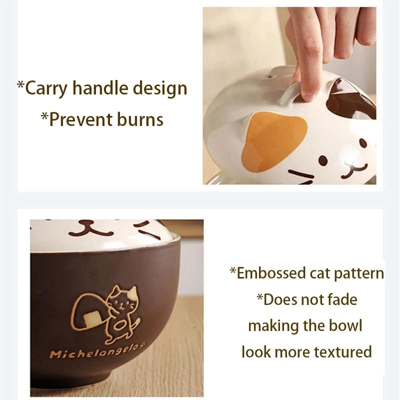 Bol à nouilles instantanées en céramique YWDL 550 ml avec couvercle, motif chat de dessin animé, cou