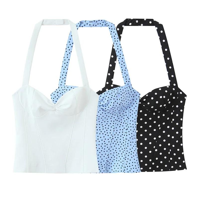Haut pour femme, nouveau style été 2026, couleur unie, décor à pois, col halter, haut sexy, style va