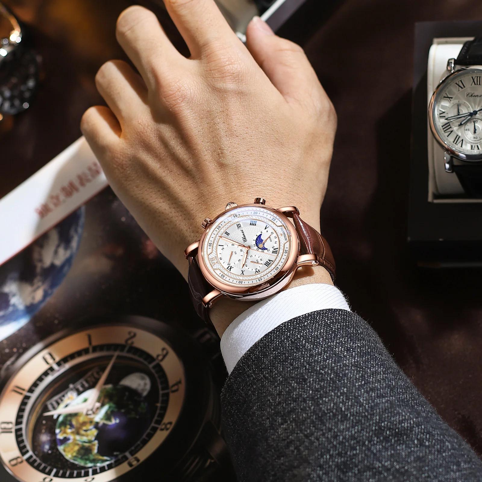 Chenxi 976 cuir chronographe Date hommes Phase de la lune chronométrage affaires lumineux montre à Q