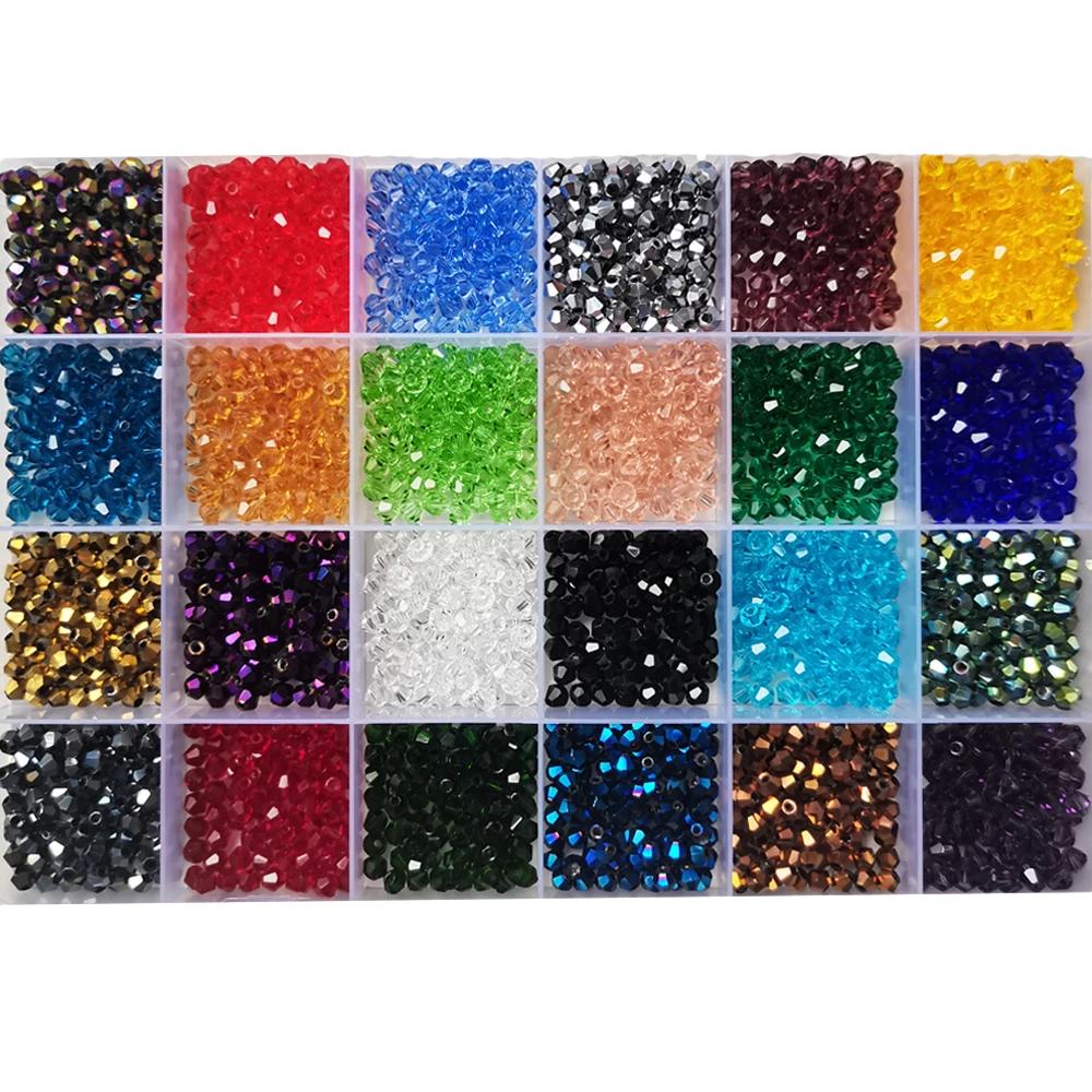 Ensemble de perles en verre de cristal Bicone de 24 couleurs, avec mallette de rangement, perles à f