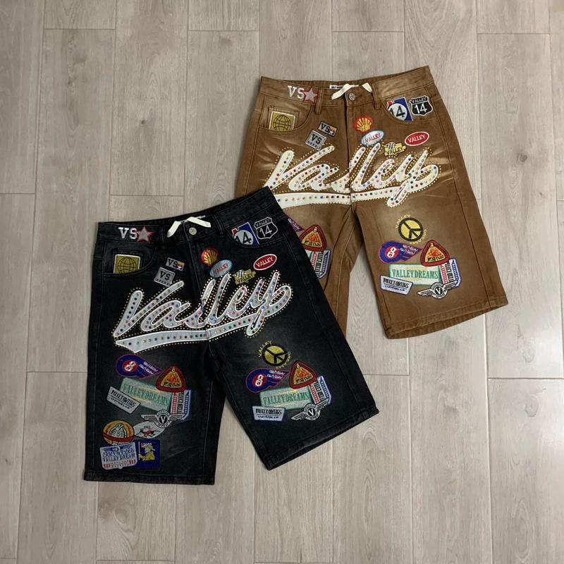 Shorts en jean unisexe avec patch brodé VALLEY en strass colorés, coupe droite ample, haute qualité