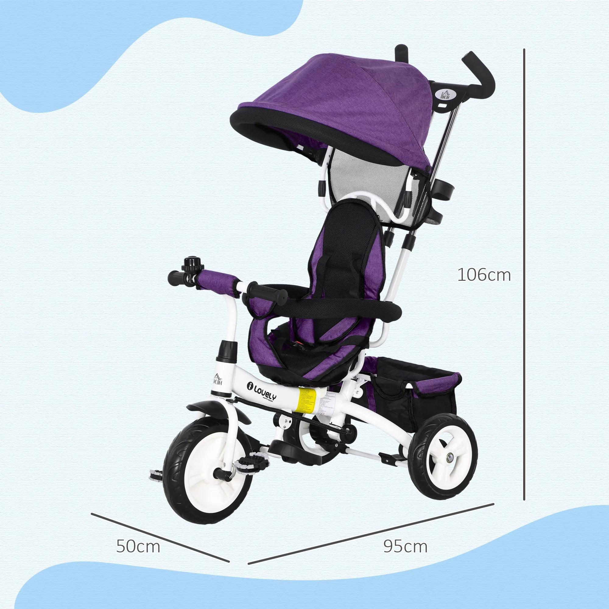 Tricycle évolutif Homcom pour enfants +12 mois avec auvent pliable, poignée télescopique et ceinture