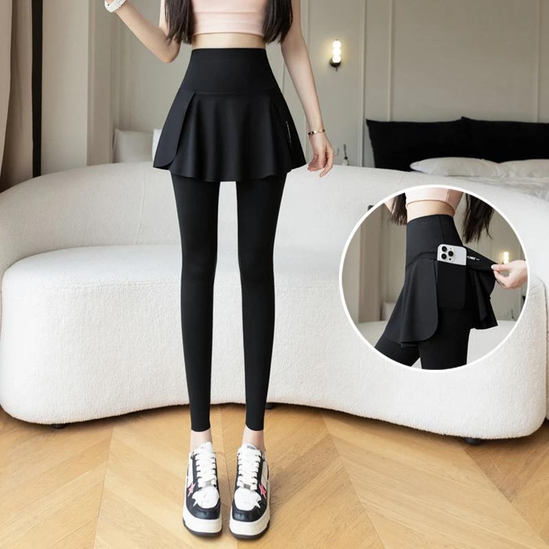 Faux Leggings deux pièces pour femmes, Leggings de Fitness sans couture, taille haute avec poche éla