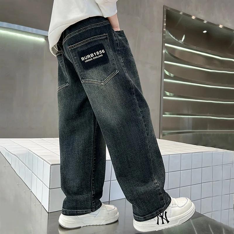 Jean denim adolescents printemps 2026 - Pantalon droit poches lettres garçons 4-14 ans décontracté