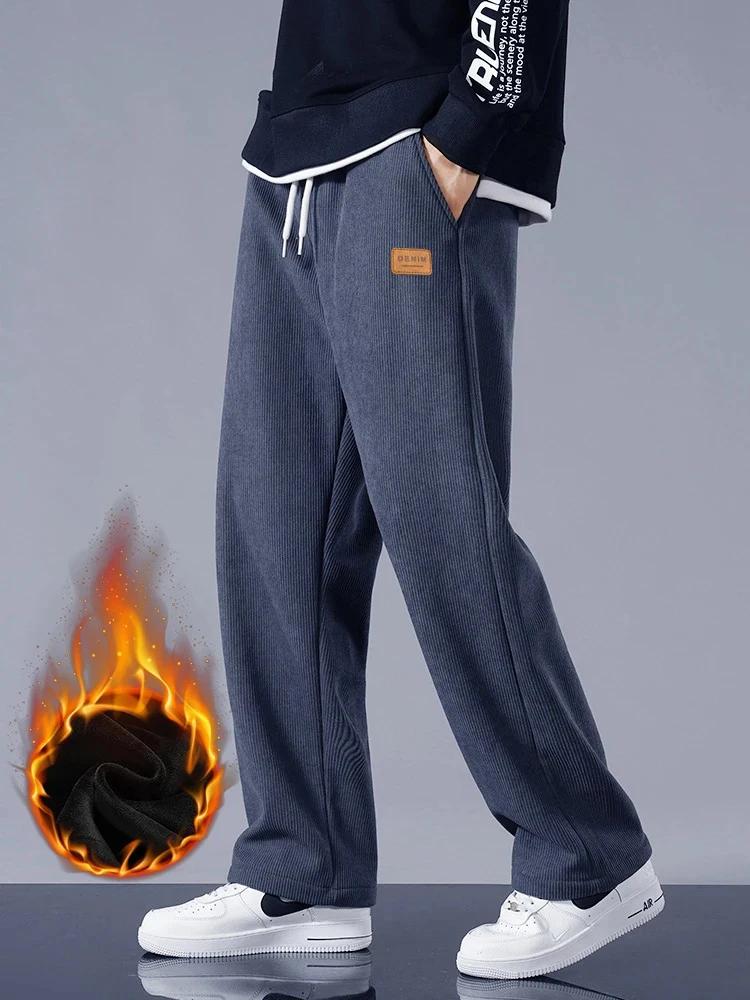 Hiver épais chaud velours côtelé pantalons de survêtement hommes doublure polaire cordon droit ample