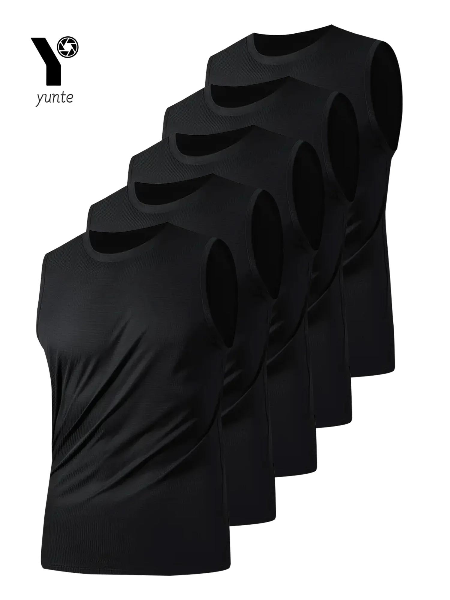 Gilet de sport noir pour hommes, 5 pièces, col rond respirant, tissu légèrement élastique, couleur P