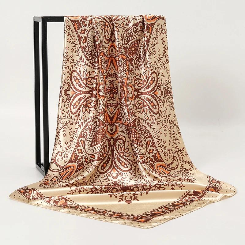Foulard carré en soie pour femmes, châle imprimé, bandeau en Satin, Hijab, bandes de cheveux, Bandan