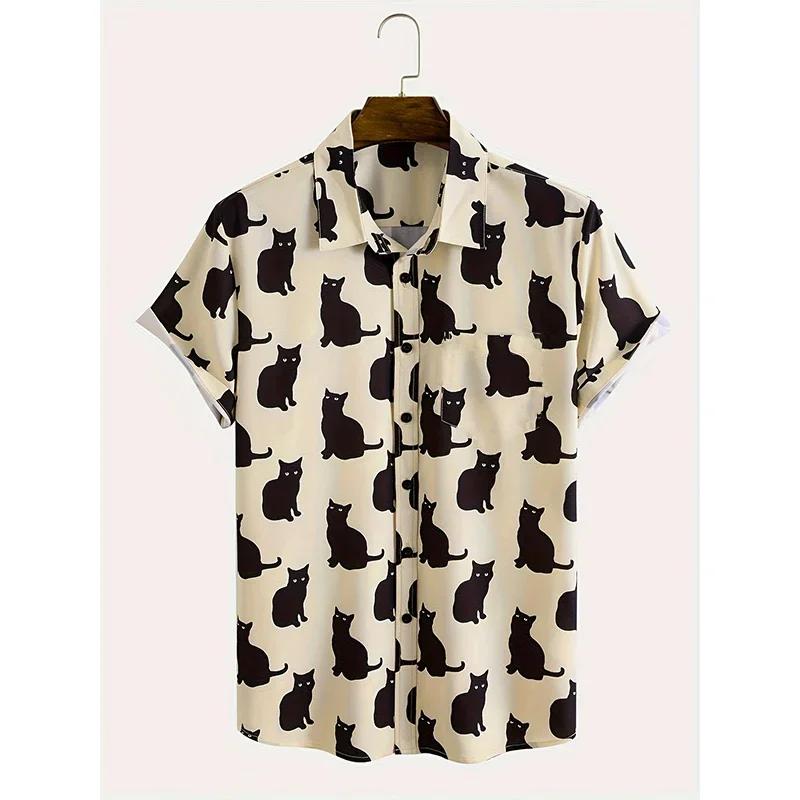 Été mignon chat imprimé chemise hommes décontracté à manches courtes hawaïen décontracté bouton reve
