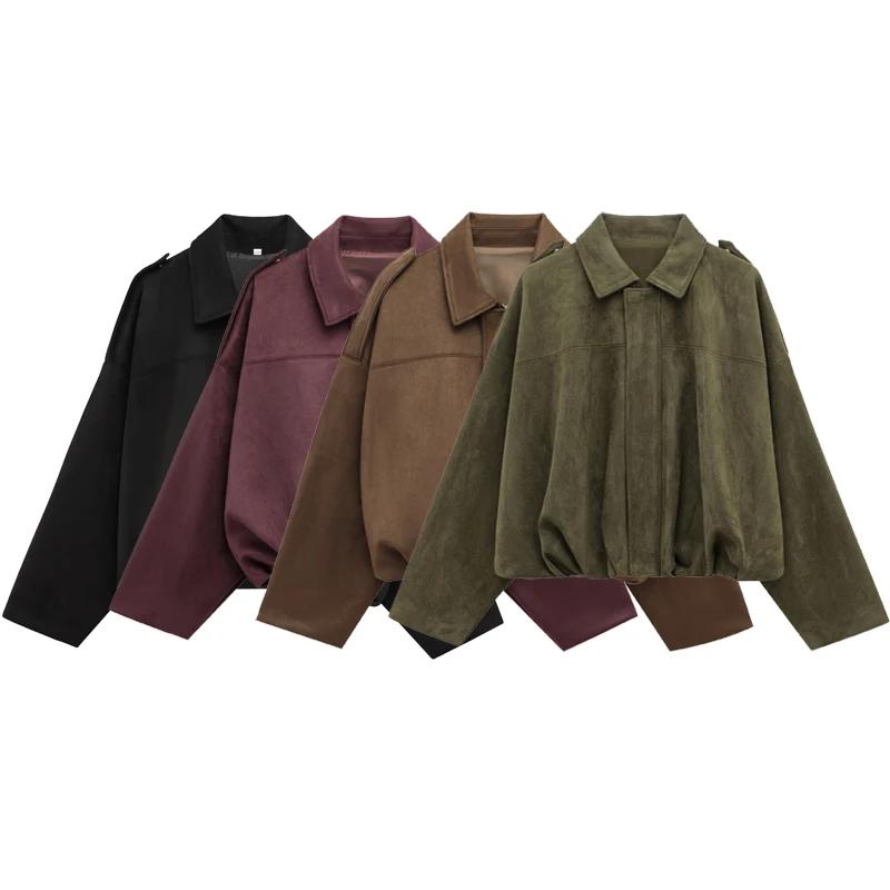 HXAO femmes Bomber veste revers fermeture éclair manches longues veste en daim femmes 2025 haute rue