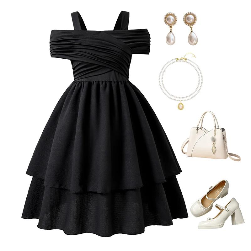 Robe d'été noire pour filles, couleur unie, écharpe, manches courtes, froncée, à plusieurs niveaux, 