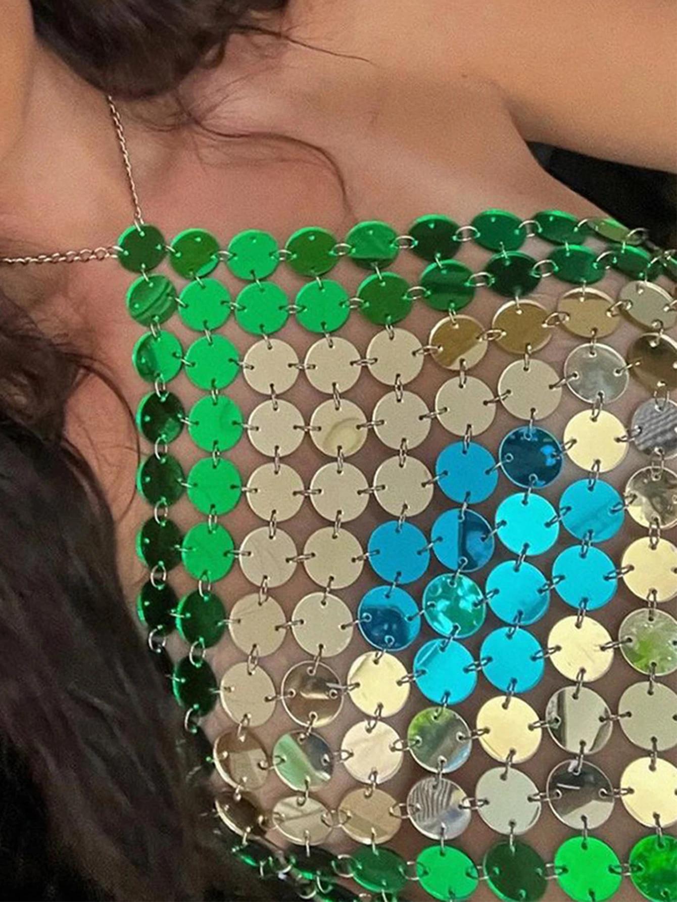 Haut court sexy à sequins métalliques pour femme, collection été 2026, transparent et brillant, idéa