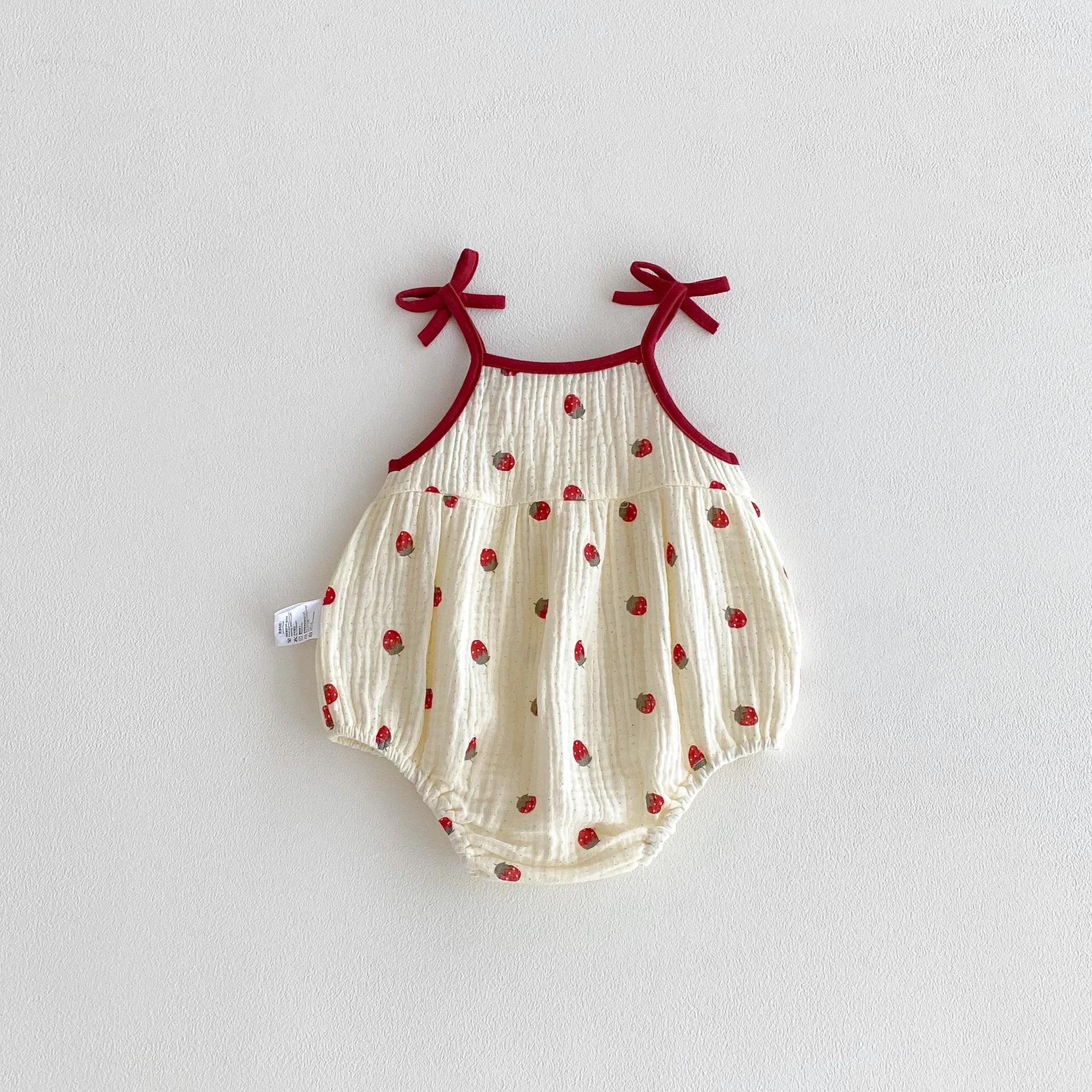 Combinaison d'été 2026 mignonne pour bébé, motif fraise, camisole une pièce, vêtement jaune sans man