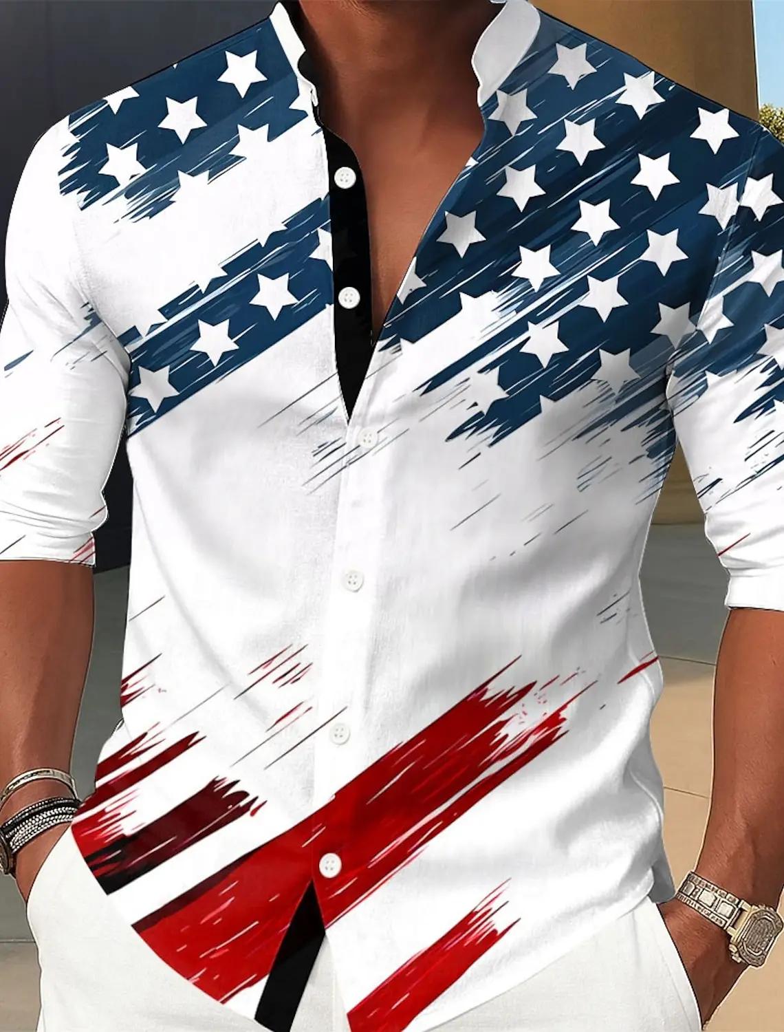 Chemise patriotique drapeau américain pour hommes, tenue décontractée, manches longues, col Mandarin