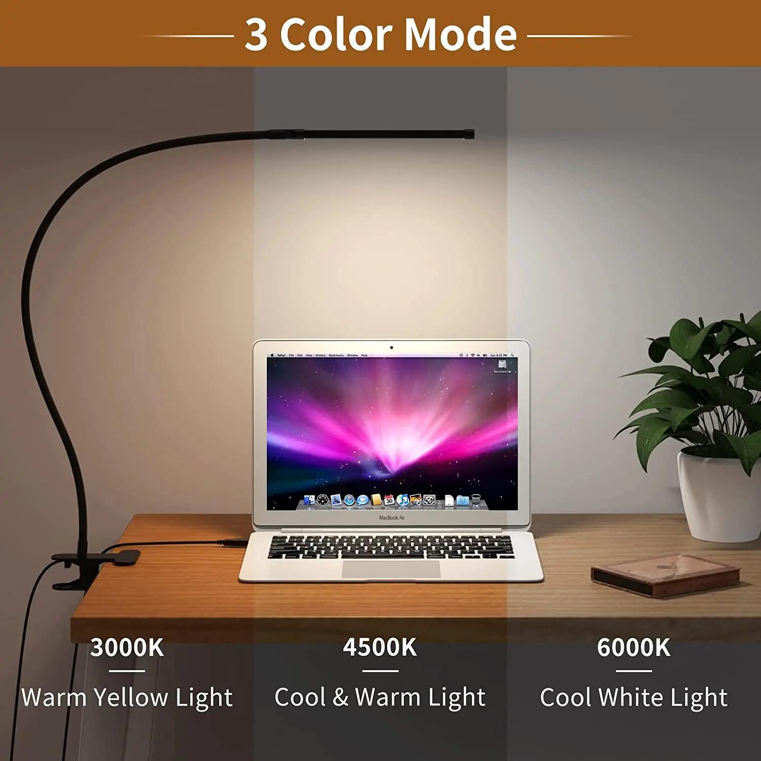 Lampe de bureau LED 10W avec pince, intensité variable, 10 niveaux de luminosité, 3 Modes d'éclairag