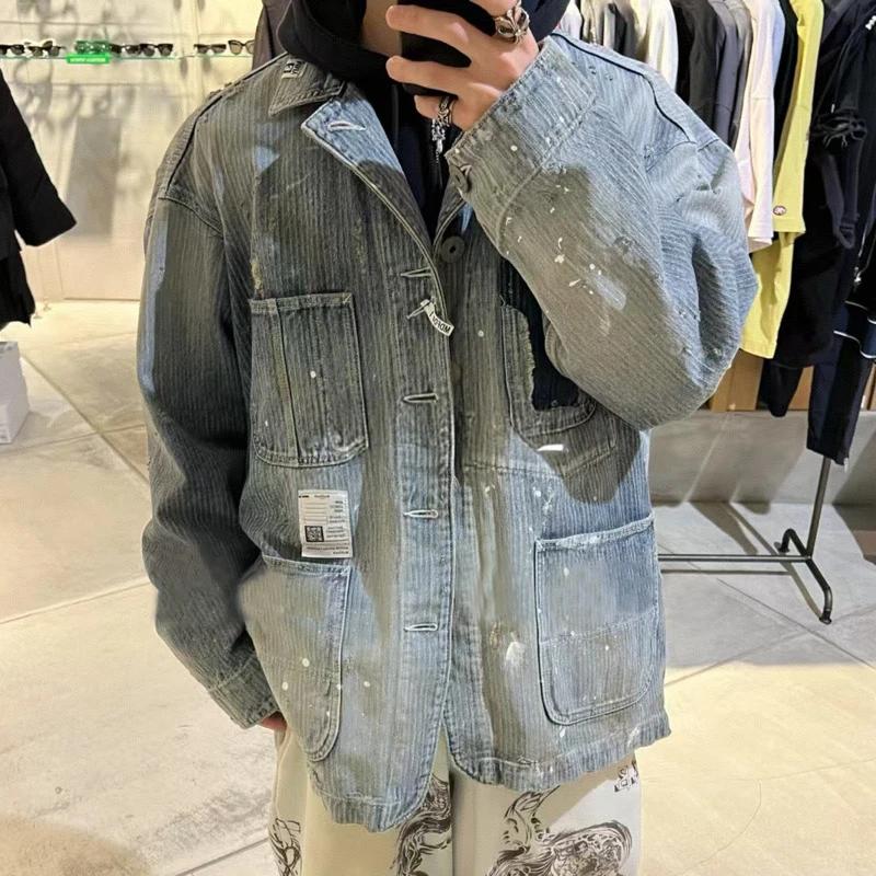 HKSH Nouvelle Veste Chemise Décontractée Oversize en Jean Délavé et Effiloché Jacquard Tendance Prin