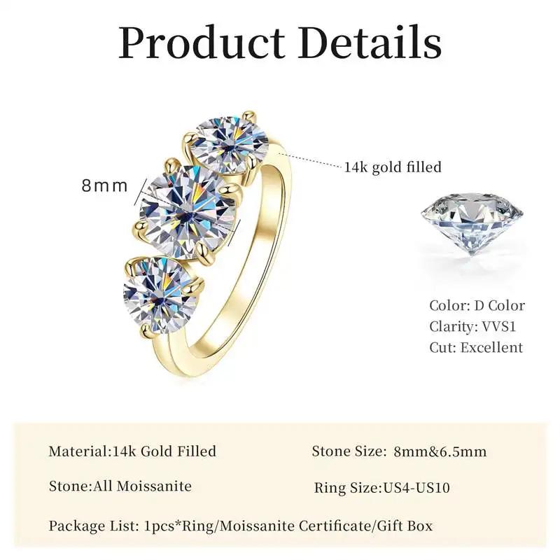Lnngy – bague de fiançailles ronde en Moissanite pour femmes, 8mm et 6.5mm, en or 14K, trois pierres