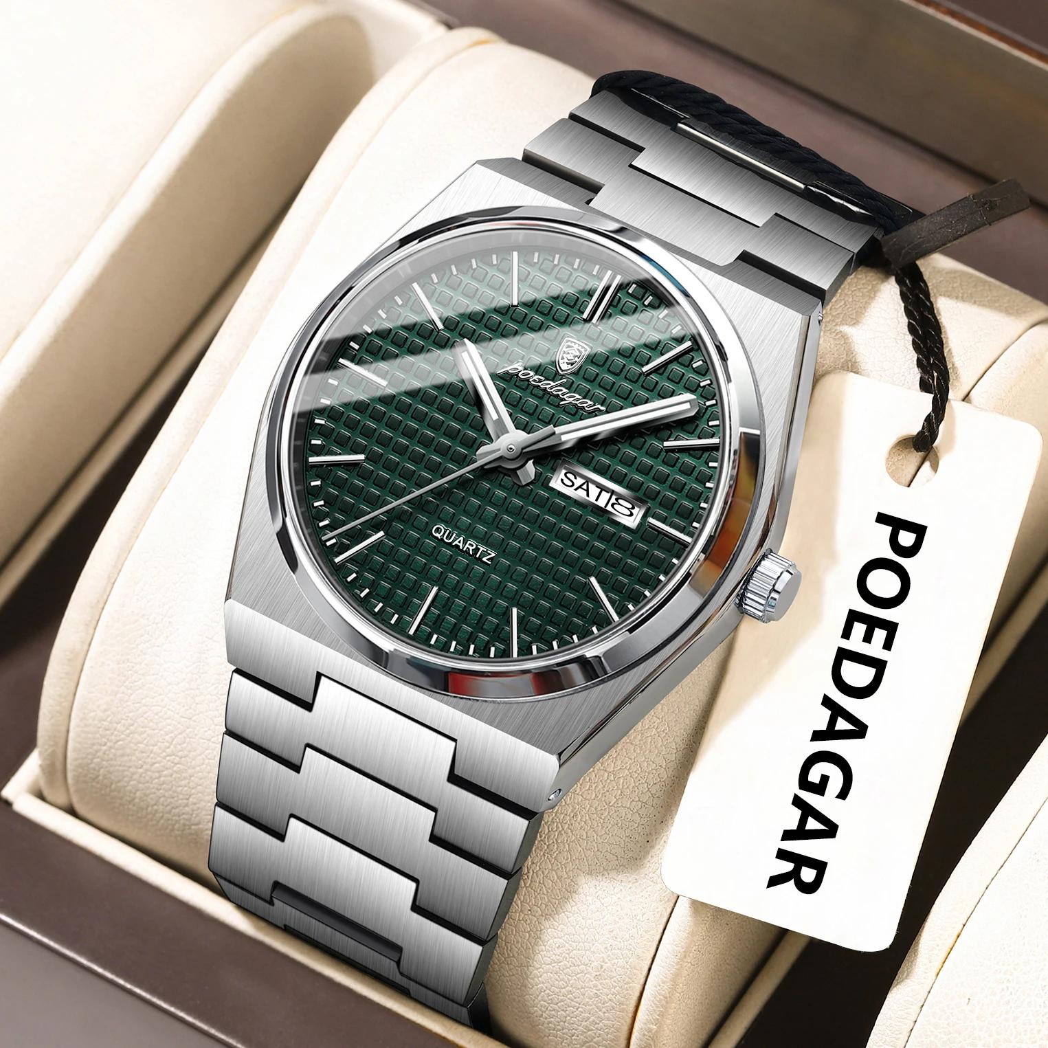 POEDAGAR luxe Original homme montre étanche en acier inoxydable lumineux montre pour homme Date sema