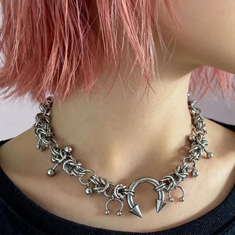 Punk mode acier inoxydable Rivet fer à cheval anneau bricolage pendentif collier pour les femmes Coo