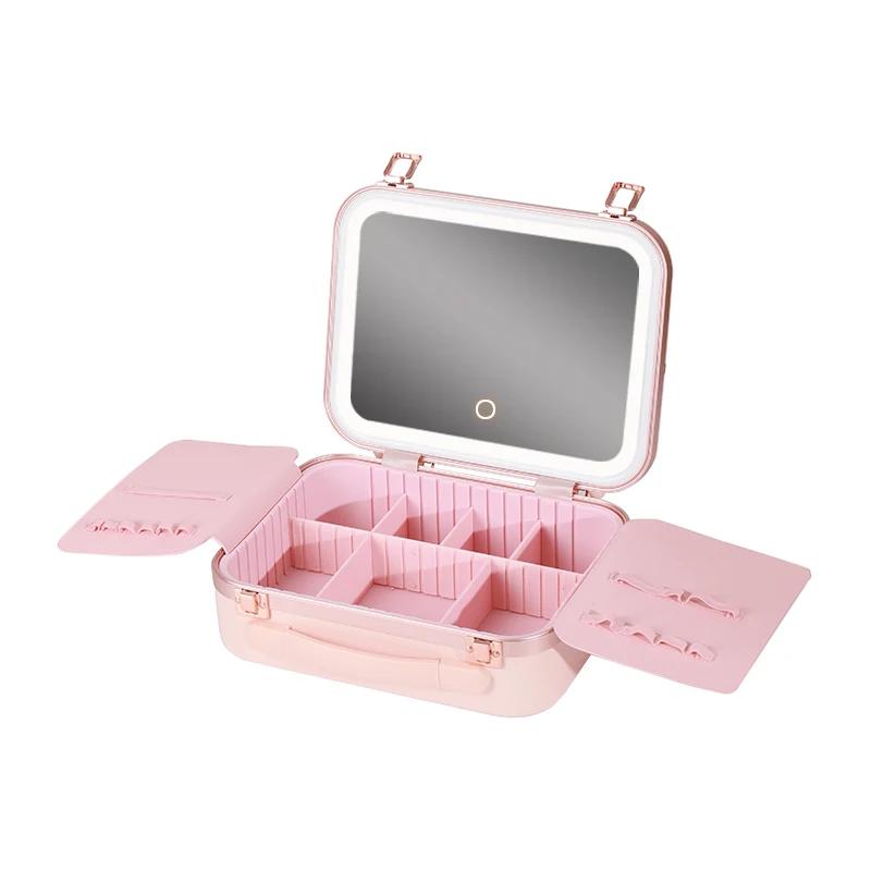 Boîte de rangement de maquillage portable avec lumière LED et miroir – Étui de train cosmétique adap