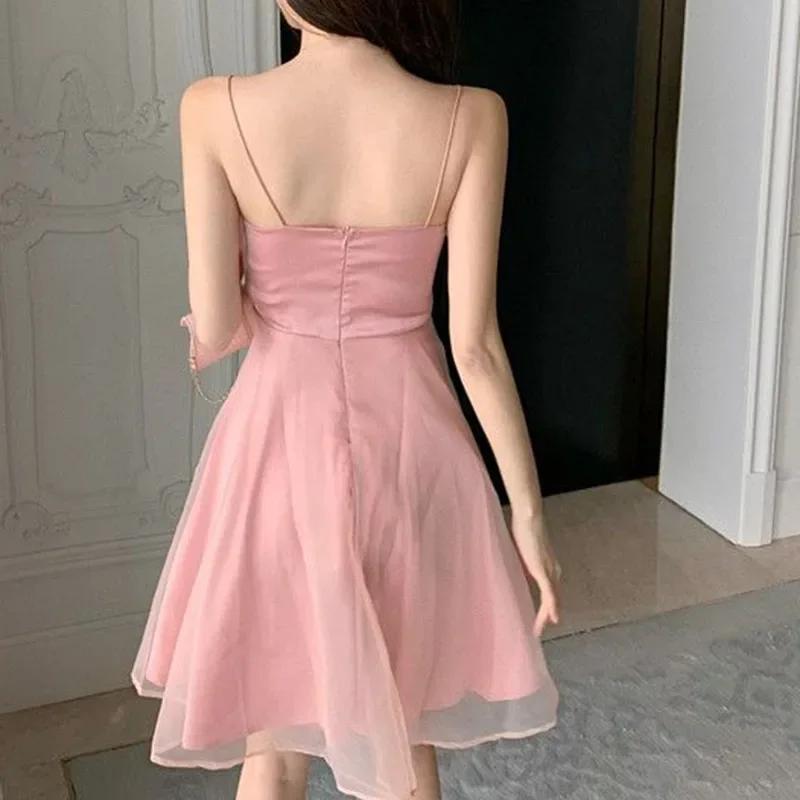 Robe d'été sexy en tulle pour femmes, col licou, française, fine, bretelles fines, rose, mode Joker,