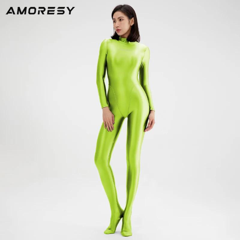 AMORESY Sexy Brillant Manga Longa Corpo Inteiro Collants huile Suave Correndo Macacão Yoga Zentai dé